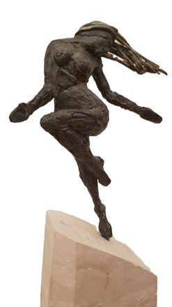 Free Spirit is dancing, you feel the movement of a spin with her hair moving with the motion, arms out, one leg up, beautiful movement in this piece. Bronze on a marble base.