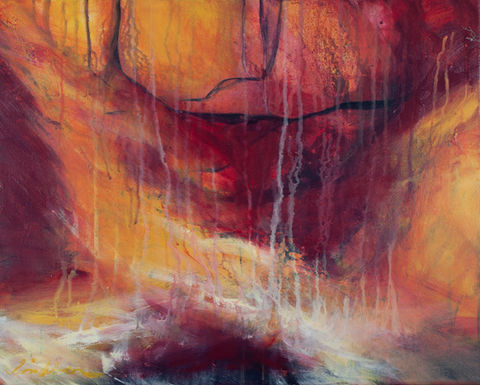Fiery reds, white, black veins in this painting that seems to have captured motion.