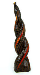 Deep brown spiraling sculpture with a thread of red weaved through