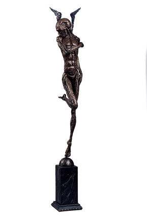 Bronze of an ethereal guardian, with pointy wings drawn in above the head, standing on one foot.