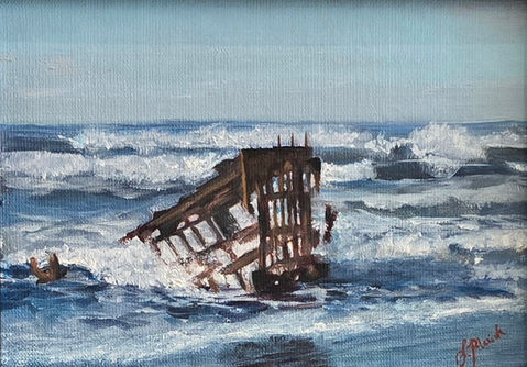 Painting of the Peter Iredale shipwreck with waves crashing through the hull.