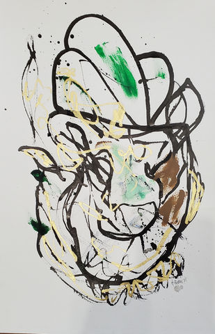 Green and gold abstract expressionist painting.