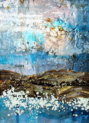 Reactive glass, fused glass panel in ocean blues and sky with metallic tones.