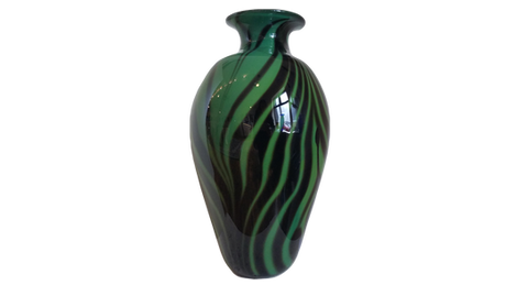 Green and black zebra styled hand blown glass vase.