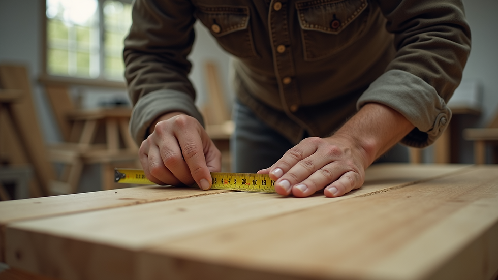 High angle view of a craftsman measuring wood for furniture repair
