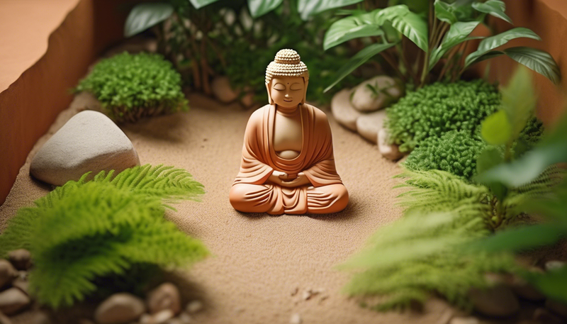Meditating Buddha statue surrounded by green plants and sand. Path to Inner Peace.