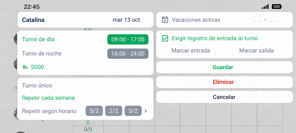 Ajustes del turno: día y noche, pago, horarios 5/2, 2/2, 3/2 y fichaje obligatorio