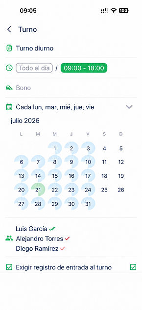 App de gestión de obras: turno de día de lunes a viernes con fichaje obligatorio