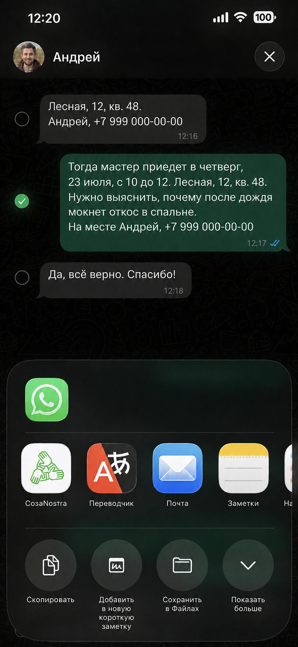 Заказ из переписки: нажать «Поделиться» и выбрать CosaNostra