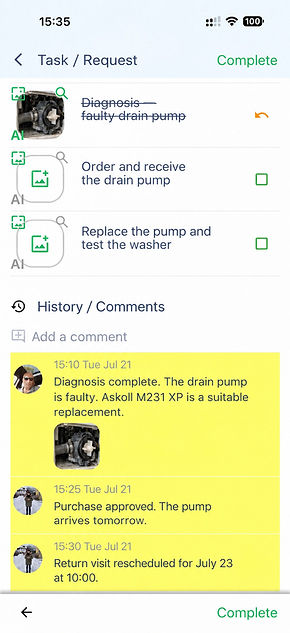 Comments, photos and job history in one place — field service app for plumbers and electricians, CosaNostra
