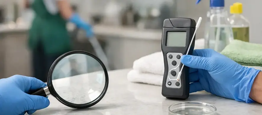 Verifying cleaning was done right — a manager checking a photo of a cleaned room on a phone