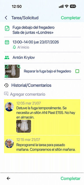 Comentarios, fotos e historial de la solicitud en un solo lugar — órdenes de trabajo de mantenimiento en CosaNostra