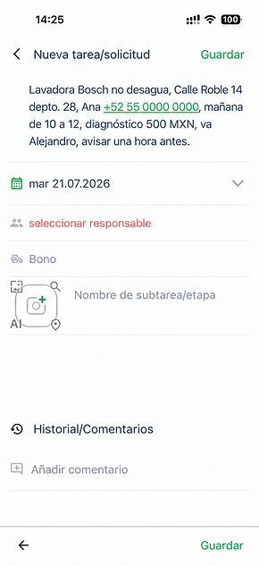 Ficha de nuevo aviso en la app de partes de trabajo: la IA rellena la hora, el técnico y los campos desde una sola frase
