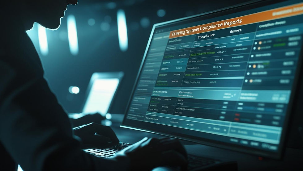 Ticketing system dashboard with compliance and task reports on screen.