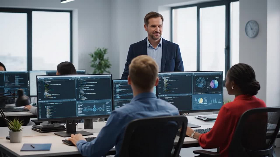 Confident IT leader presenting strategy plan to colleagues in modern office.