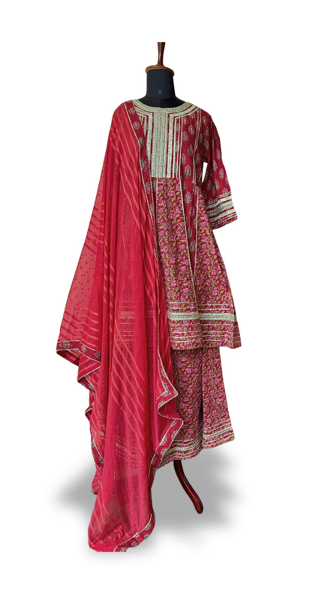 Red Printed Anarkali Kurta with Sharara & Gota Work Detailing