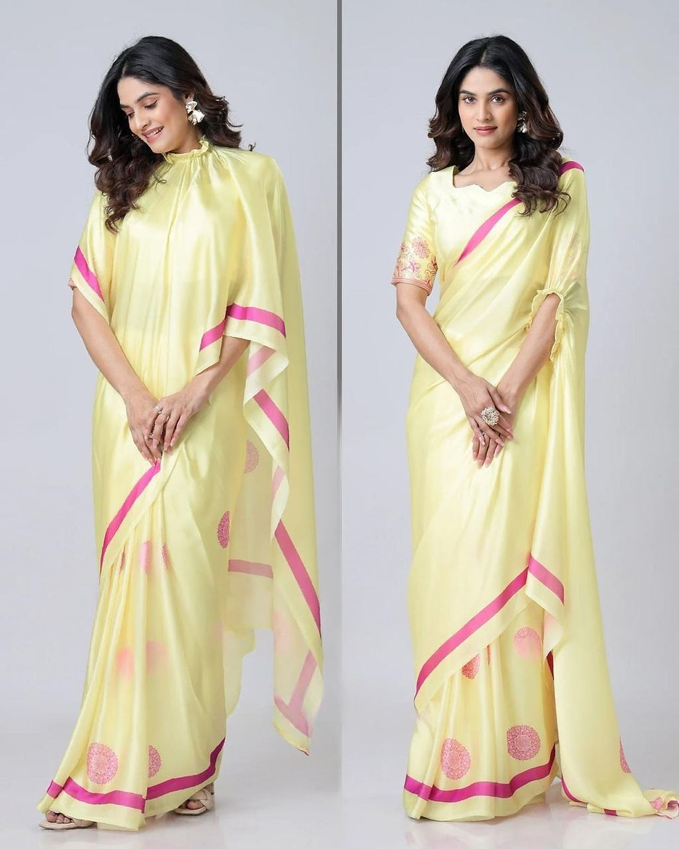 Thumbnail: Pure Chinon Silk Handsfree Digital Print Saree – Effortless Elegance