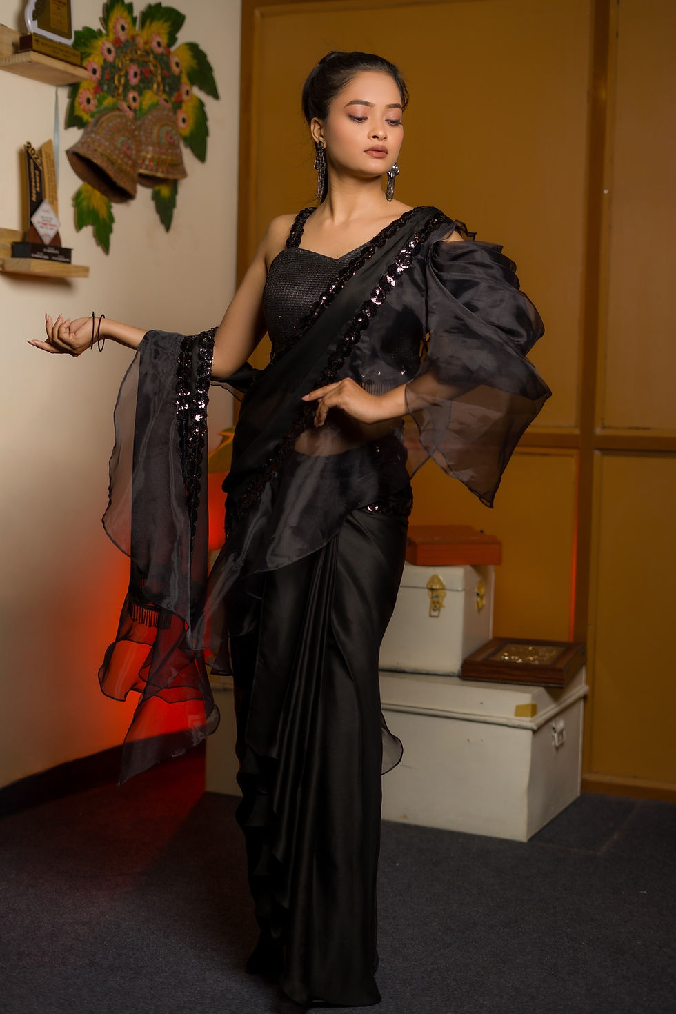 Black Satin chiffon and Organza Ruffle Stitched Saree