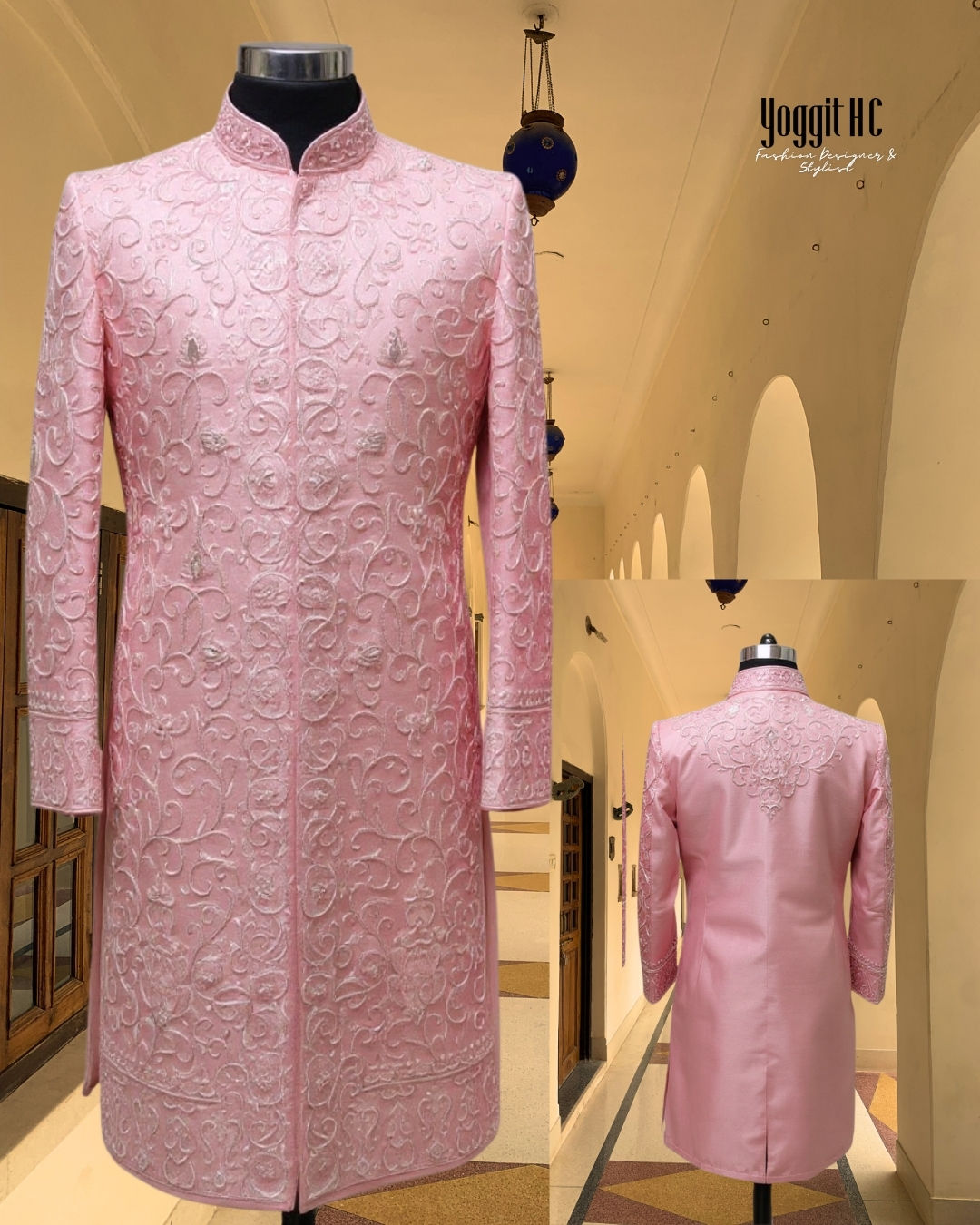 Gulrukh Nawab – Powder Pink Raw Silk Wedding Sherwani with Zardosi & Ari work