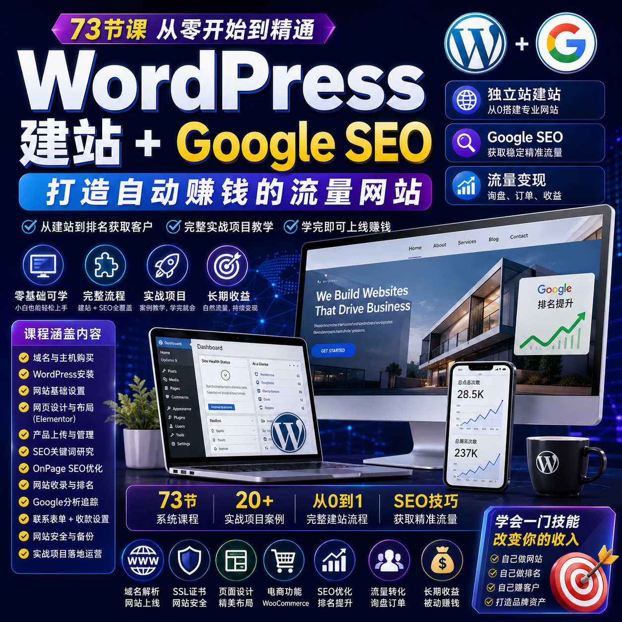 WordPress建站+Google SEO实战课|73节从0打造流量网站