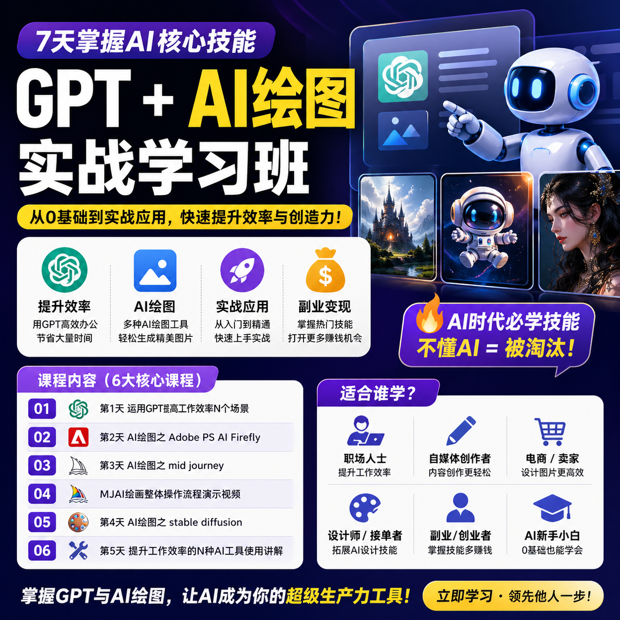 GPT + AI绘图实战班:5天掌握高效赚钱技能
