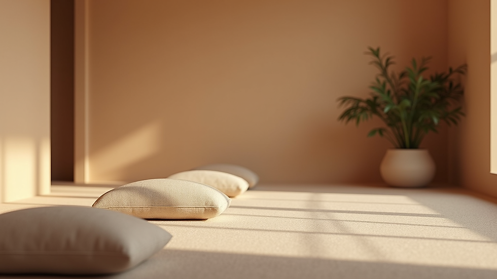 Eye-level view of a serene meditation space with cushions and soft lighting