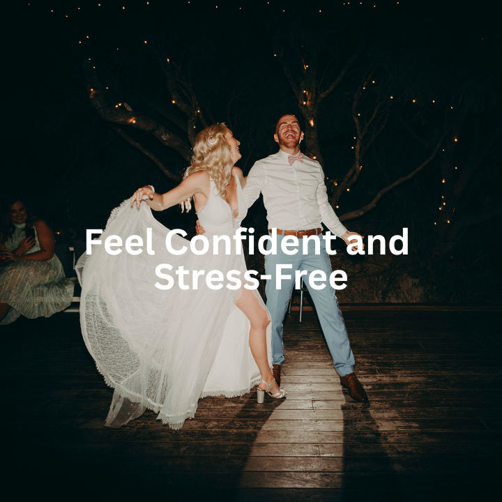 Bride and groom dance and laugh at a nighttime wedding under string lights; text reads Feel Confident and Stress-Free.