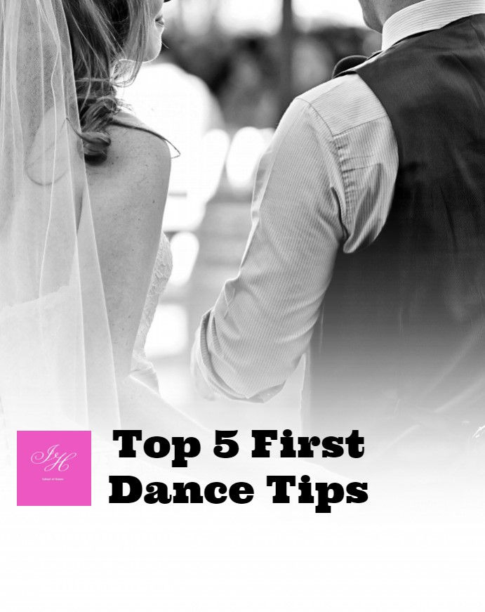 Bride and groom dance, bride in veil, groom in vest. Black and white photo with the text "Top 5 First Dance Tips" in bold.