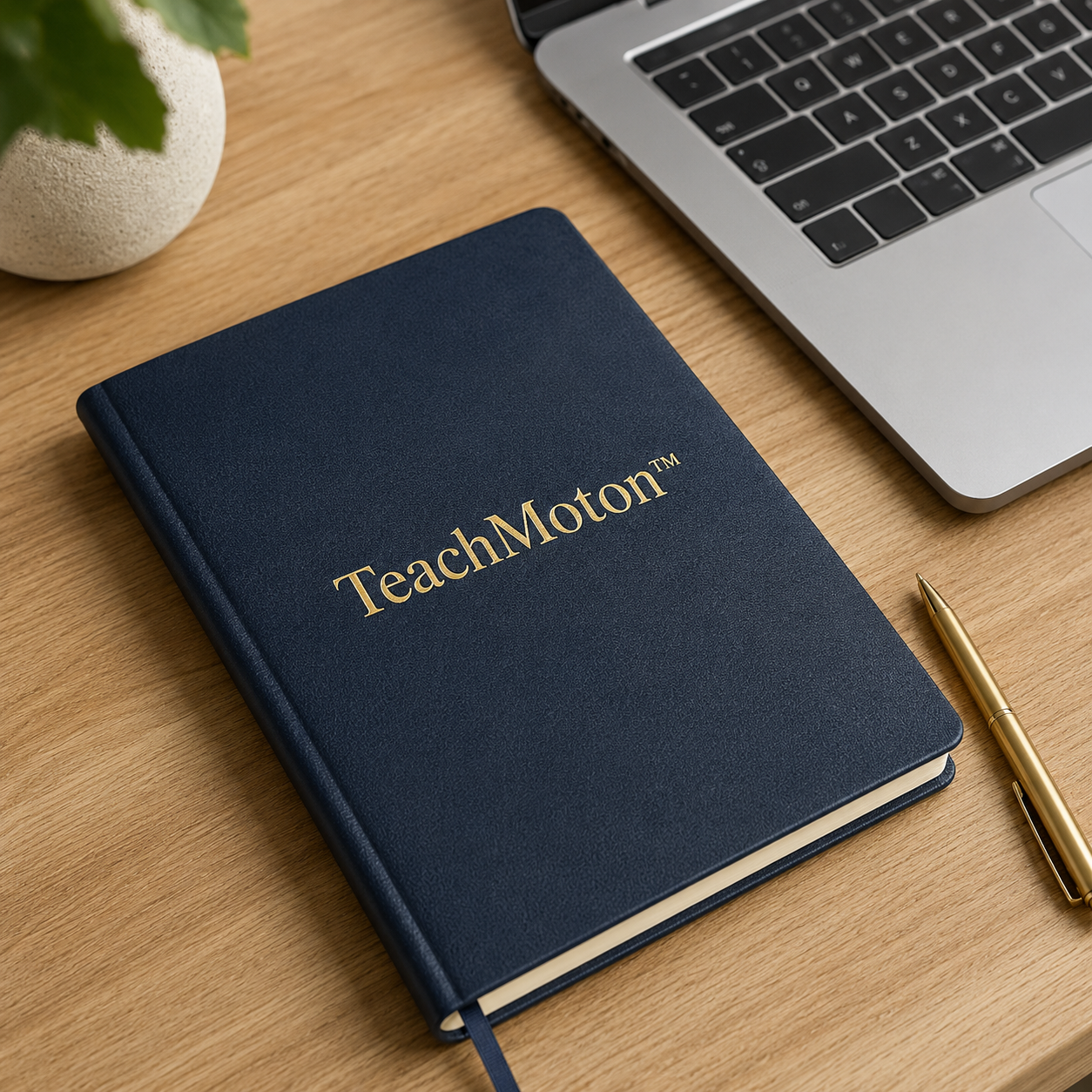 TeachMoton branded notebook and workspace