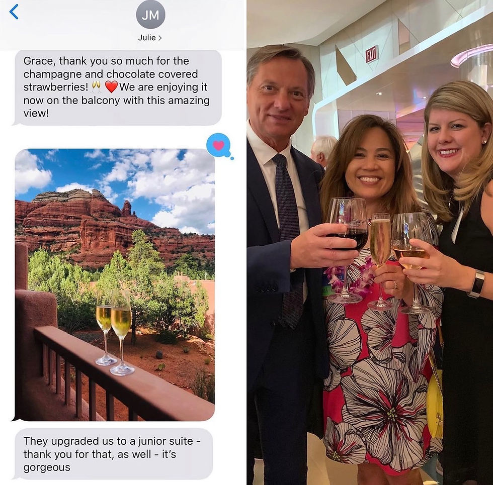 Clients surprised with VIP perks and welcome amenities from Virtuoso Travel Advisor, Pineapple7. Client text shared with the team at Enchantment Resort and we toasted my clients during Virtuoso Travel Week.