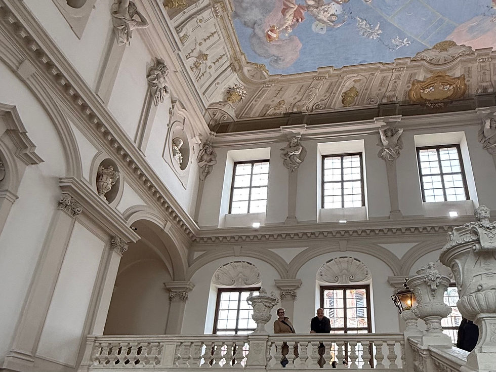 the grand Baroque ceiling mural and fresco architecture inside the historic Göttweig Abbey during a Viking River Cruise shore excursion