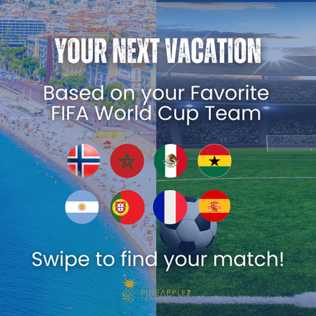 A split-screen graphic with the coastline of a white sand beach and turqoise water; and on the right is an indoor soccer field with a soccer ball on the green grass. Overlay has flags of countries playing in the FIFA World Cup. BOLD Overlay Text states Your Next Vacation Based on Your Favorite FIFA World Cup Team