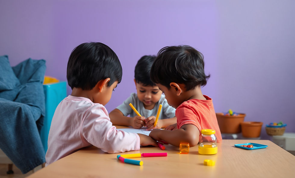 Three children are sitting at a desk and drawing together at a childcare centre.