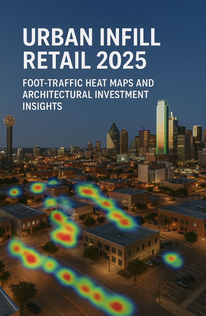 A foot-traffic heat map overlaid on a twilight aerial view of downtown Dallas, highlighting high-activity retail zones with skyline in the background.