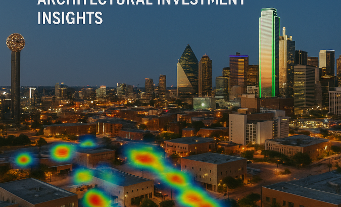 A foot-traffic heat map overlaid on a twilight aerial view of downtown Dallas, highlighting high-activity retail zones with skyline in the background.