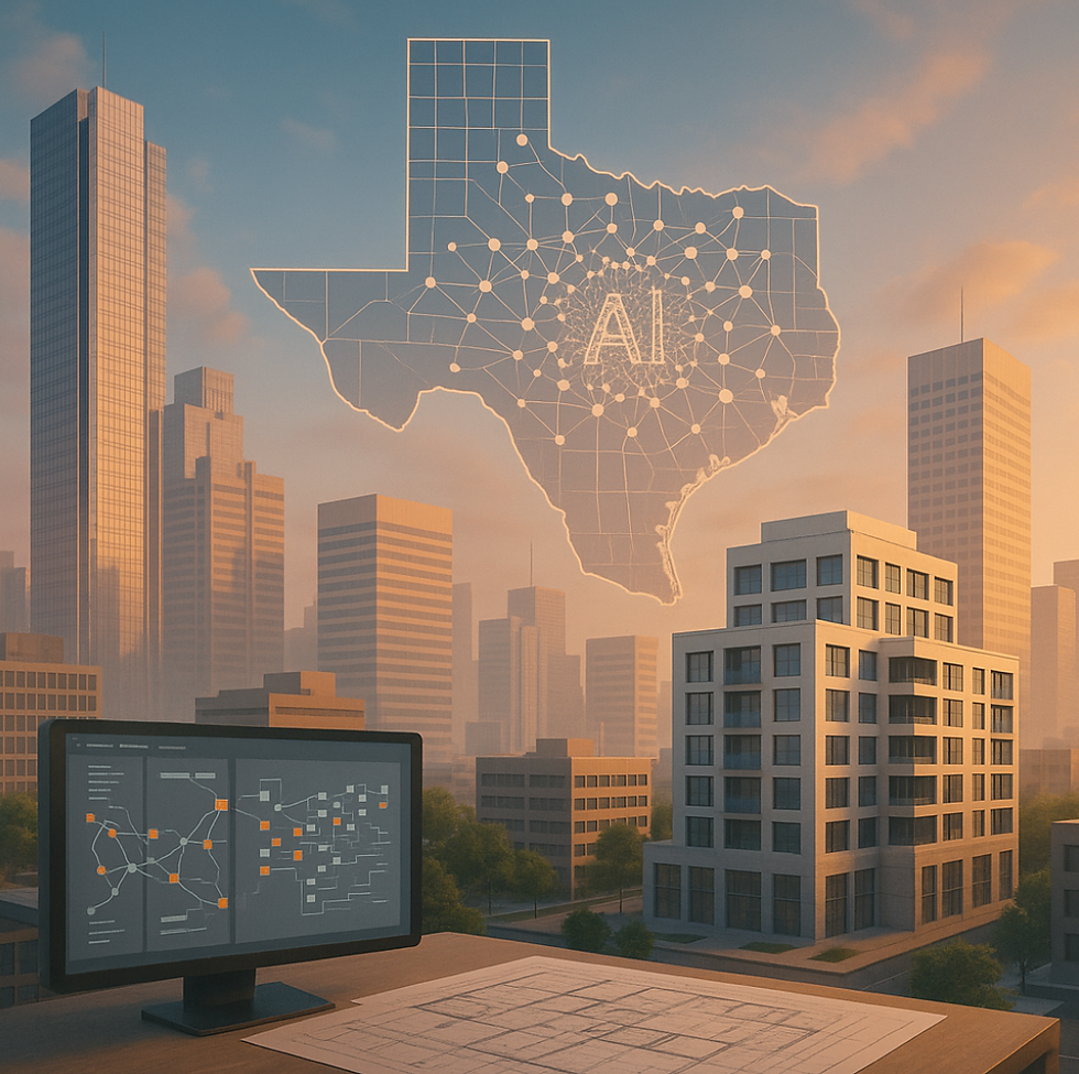 Futuristic Texas cityscape with AI-integrated architecture and urban planning elements.