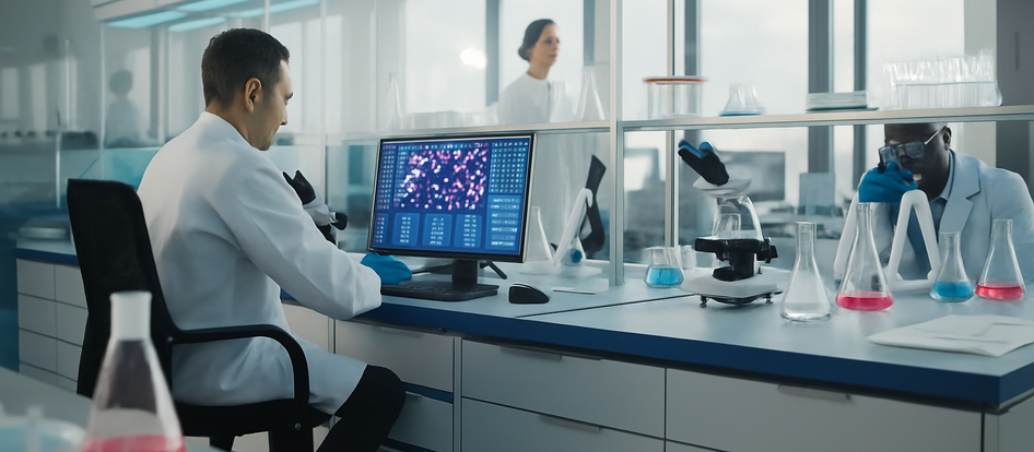 Researchers in a converted life science lab work with microscopes and digital diagnostics, illustrating the growing trend of repurposing U.S. office space into biotech-ready laboratories to meet surging demand in the life sciences sector.