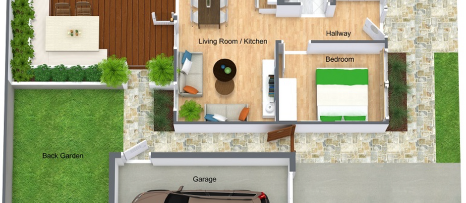 3D floor plan showing a one-bedroom home with garage, terrace, back garden, and labeled rooms including kitchen, bath, and driveway.