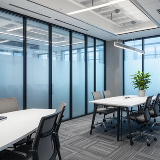 Espace de travail moderne avec cloisons vitrées et film adhésif dépoli continu.
