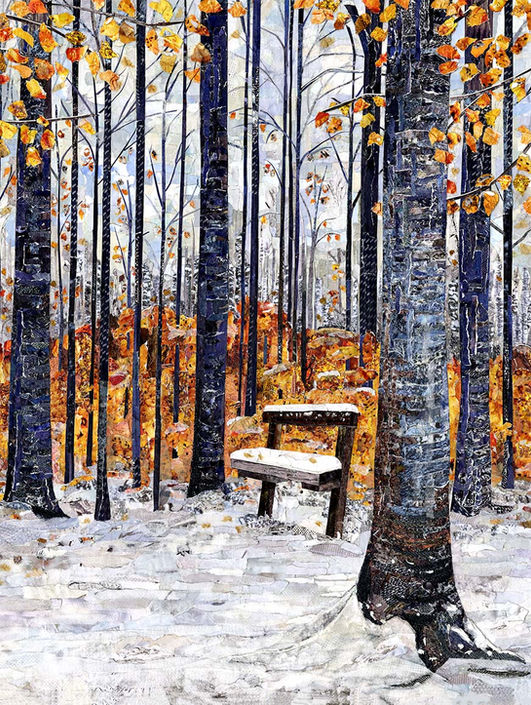 Collage of bench in autumnal snow