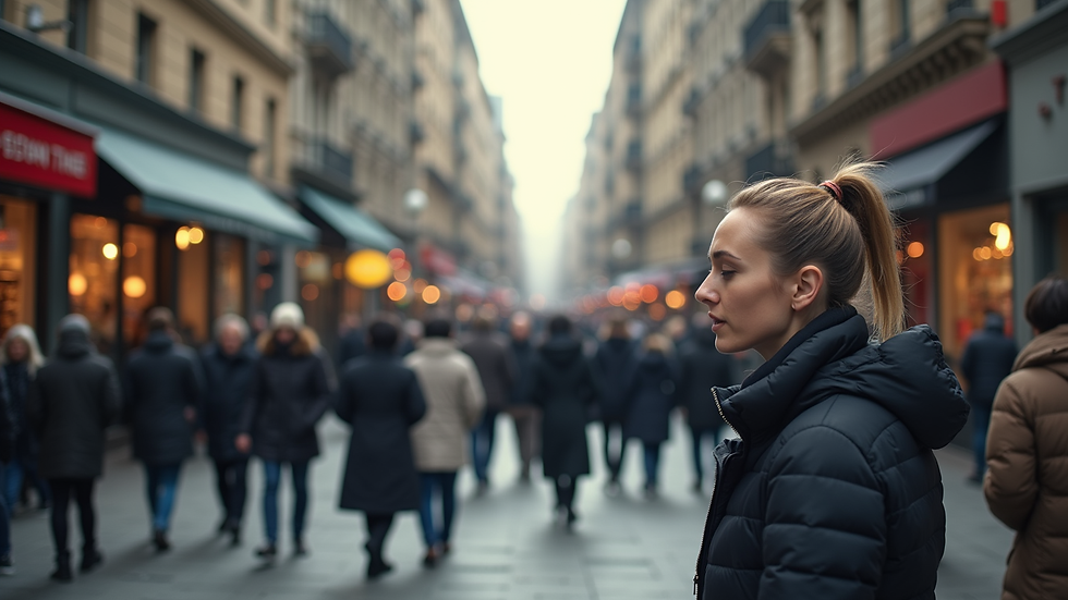 Eye-level view of a bustling city street with diverse people engaging in conversation