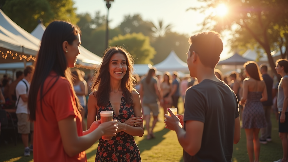 Eye-level view of a vibrant outdoor event with people engaging in conversation