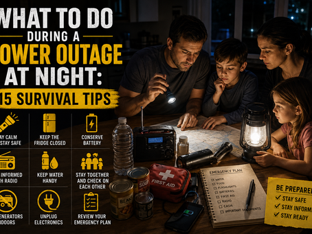 Family gathered around a table during a nighttime power outage using flashlights and lanterns while reviewing emergency supplies. The scene includes a battery radio, bottled water, canned food, first aid kit, emergency checklist, and survival gear beside large text reading 'What To Do During a Power Outage at Night: 15 Survival Tips.