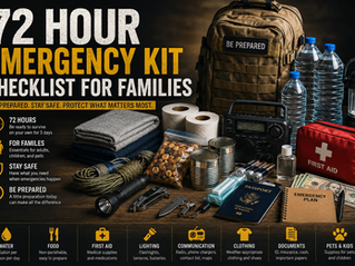 72 Hour Emergency Kit Checklist for Families infographic showing a survival backpack and essential emergency supplies arranged on a table, including bottled water, first aid kit, flashlight, radio, canned food, blankets, batteries, hygiene items, cash, documents, and family preparedness icons. Large headline emphasizes emergency preparedness for surviving the first 72 hours during disasters.