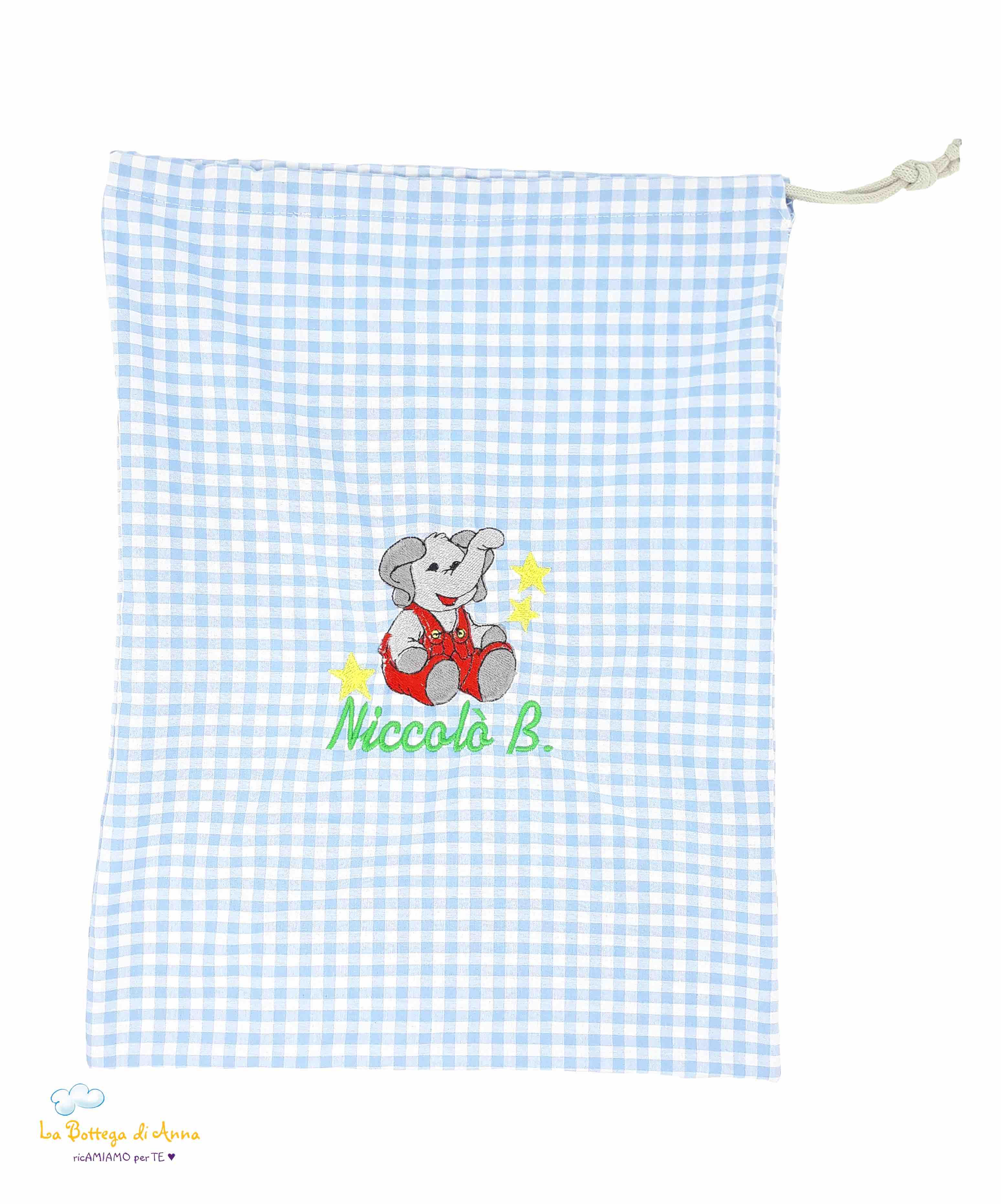 SACCHETTO ASILO con laccetto e ricamo del nome, Elefantino