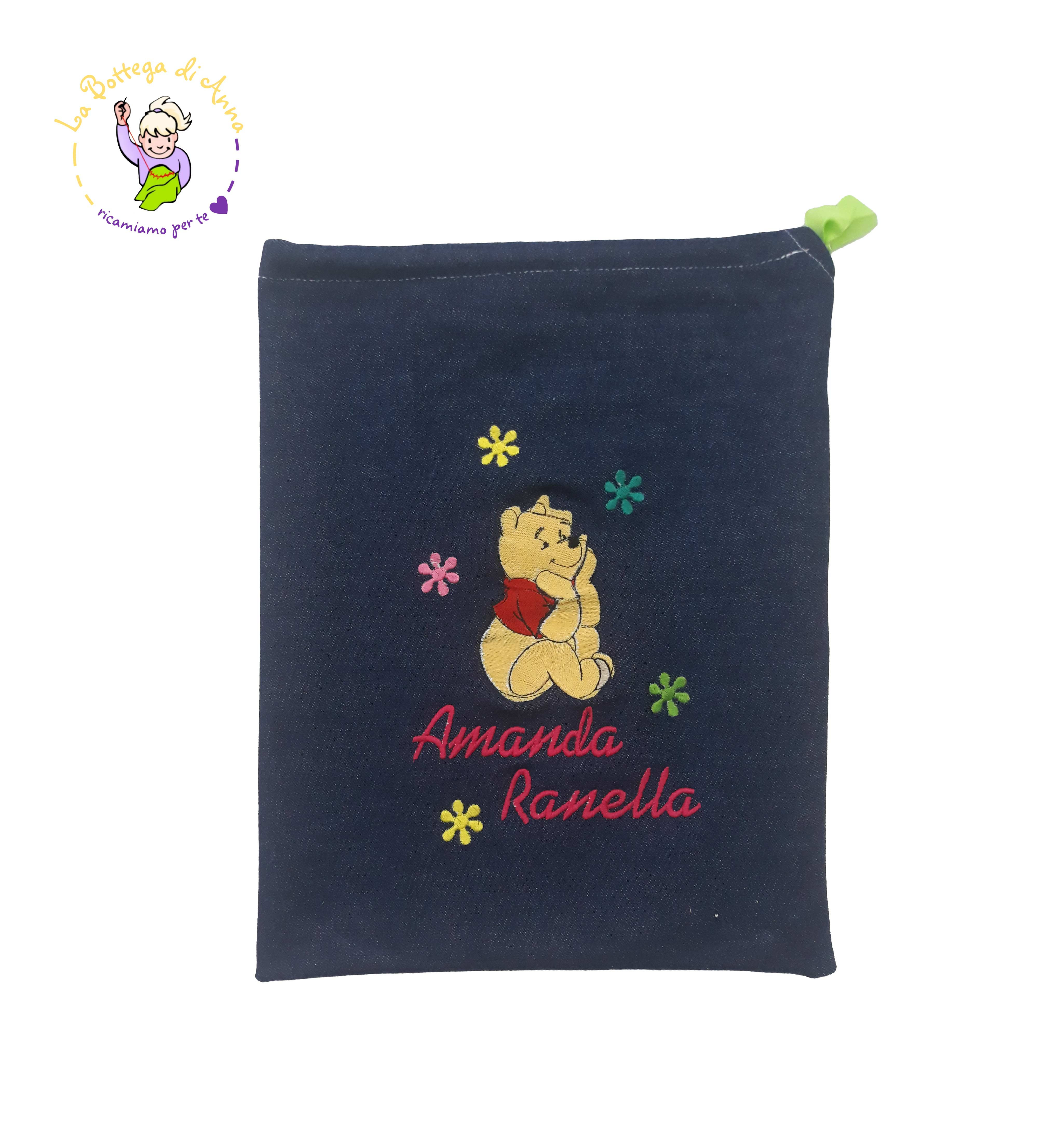 Sacchetto asilo in jeans con laccetto, ricamo Winnie the Pooh