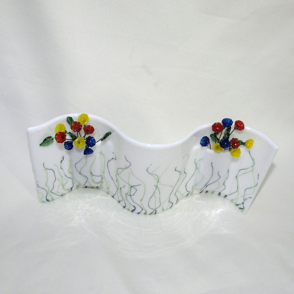 Thumbnail: White Wavy Vase with Multi-colored Lampwork Flowers