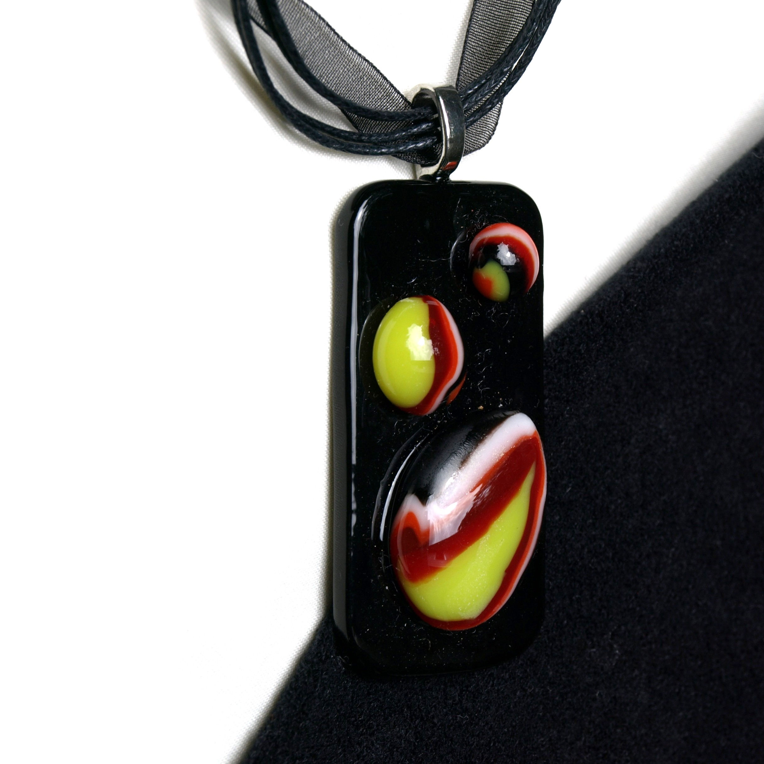 Swirly Yellow Red and Orange Fused Glass Art Necklace