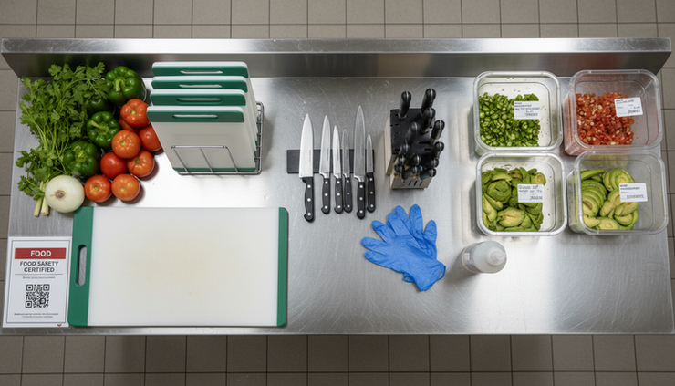 Vista superior de una mesa de preparación de acero inoxidable con verduras lavadas y utensilios sanitizados.