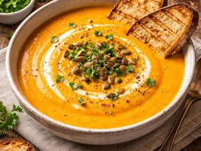 velouté de potimarron servi avec des tranches de pain grillé
